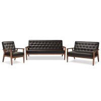 Baxton Studio BBT8013-Brown 3PC Set Sorrento Mid-century Retro Brown Leather Wooden 3 Piece Living room Set